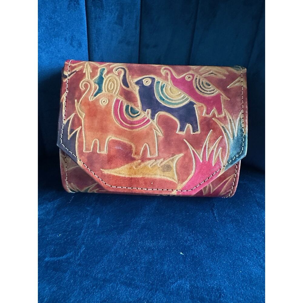 Vintage Tooled Leather Elephant Wallet Clutch Coin Purse Women Boho Ethnic‎
